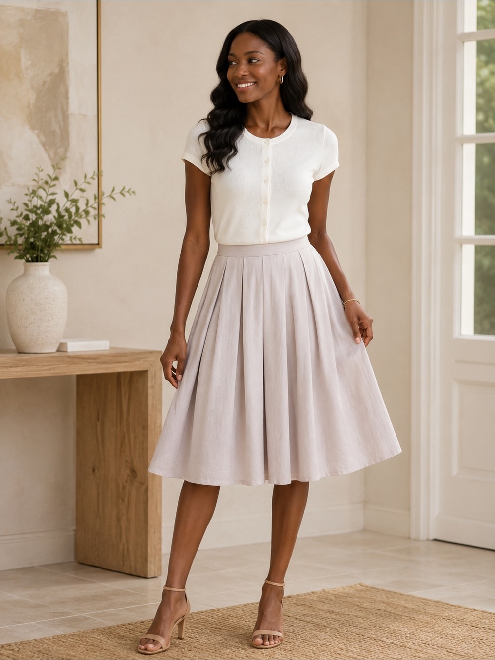 NWT Tulip B Elegant A-Line Pleated Skirt in Light Taupe Pockets Lined